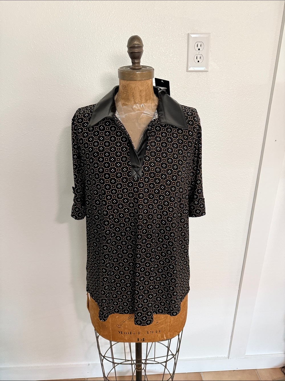 NWT Jones New York Black Top with Black Faux Leather Trim Sizes M, L & XL